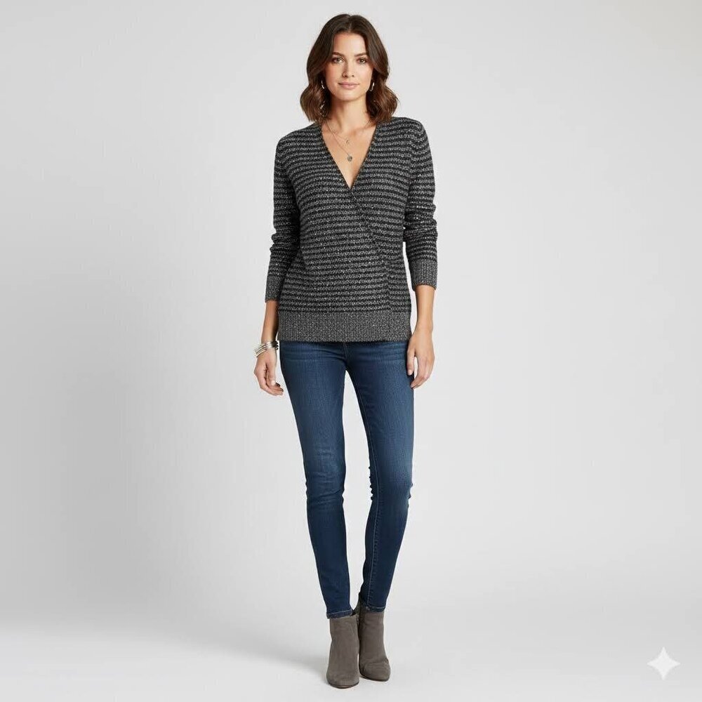 J. Mclaughlin Gretta Glitter Merino Wool Blend Plunging Sweater MEDIUM Black